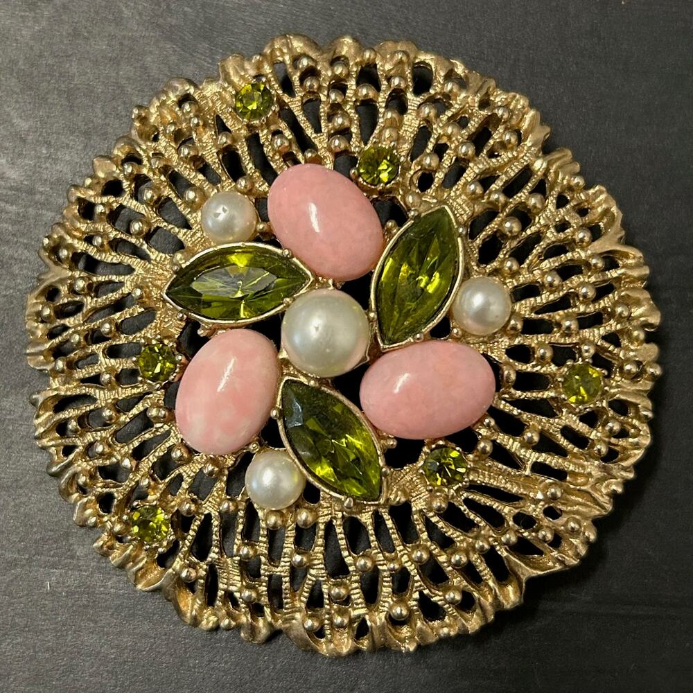Vintage 70's Sarah Coventry "Fashion Splendor" Brooch Gold Tone Pink,Green,White
